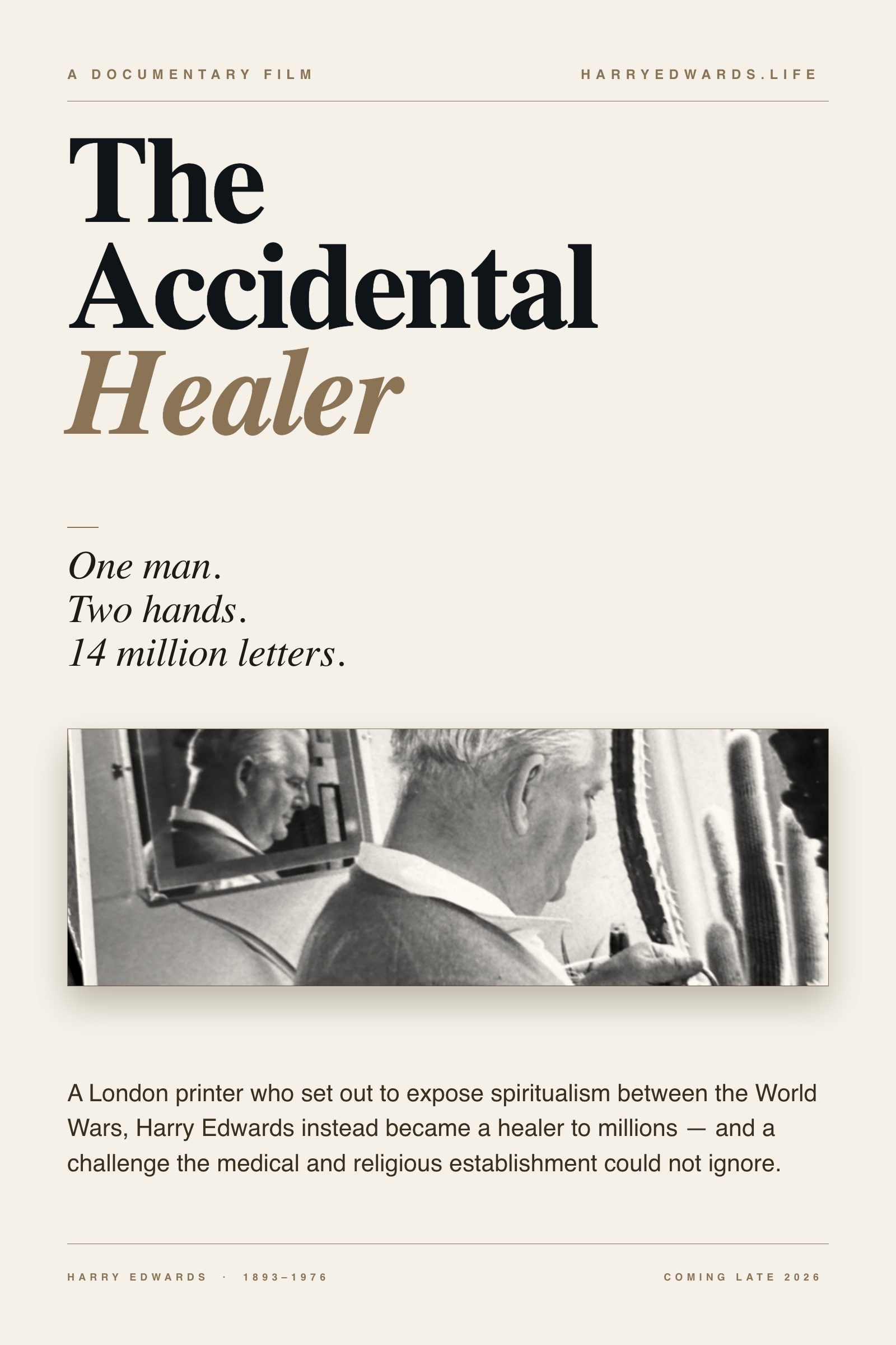 DUE to be released later this year, 'The Accidental Healer' marks the 50th anniversary of Harry’s passing. (Photo: Grant S. Clark 2026)